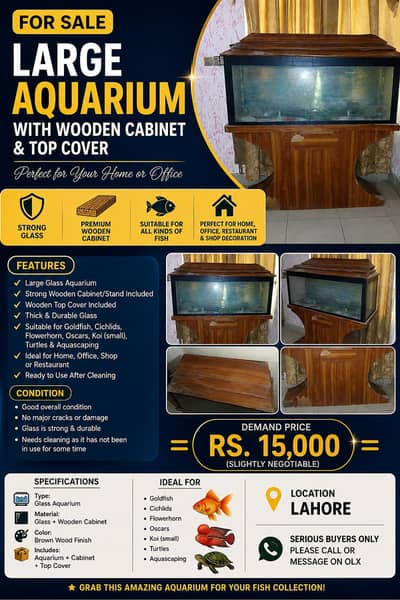 large glass aquarium with wooden cabinet and top cover  Excellent con