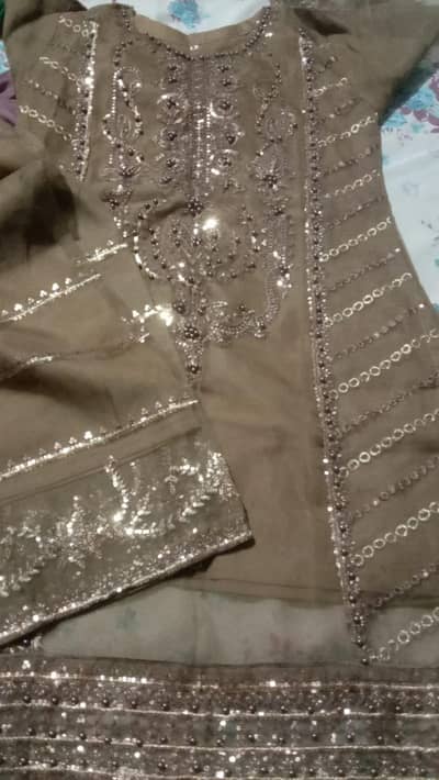 3 Piece Embroidered organza - Brown / Maroon - Like New