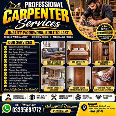 carpenter services |sofa Repair |kitchen cabinets | wardrobes Beds &