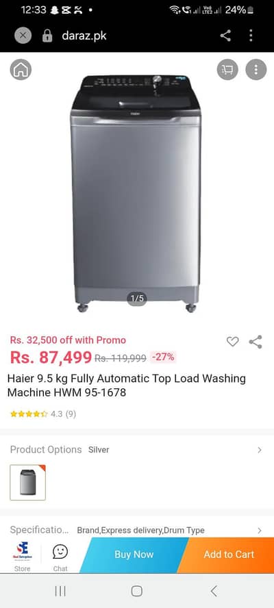 Haier washing machine  Atomatic Washing Machine  Model: HWM95-1678