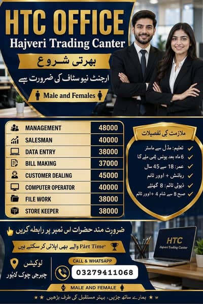 we are hiring male and female staff for office work available