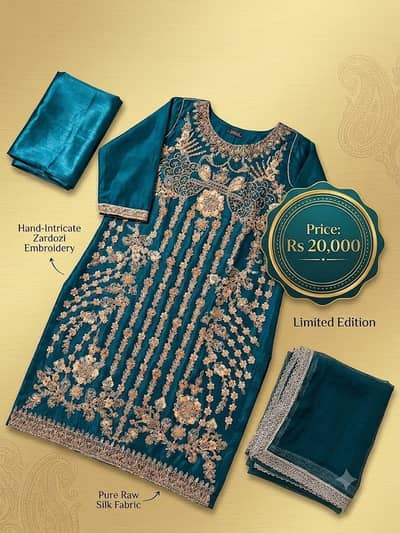 Luxury Teal Blue 3 Piece Raw Silk Suit | Heavy Zardozi Embroidery | Pa