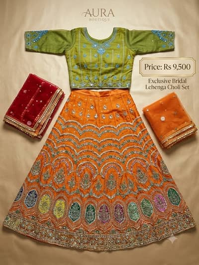Bridal Lehenga Choli for Sale | Orange & Green Heavy Embroidered Weddi
