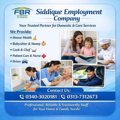 House maids, Baby Sitter , Chef , Cook , Patient Care ,Nurse , Couple