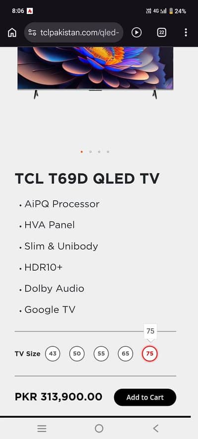TCL T69D 75" QLED Google TV – Box Open, Brand New Price: Rs. 280,000