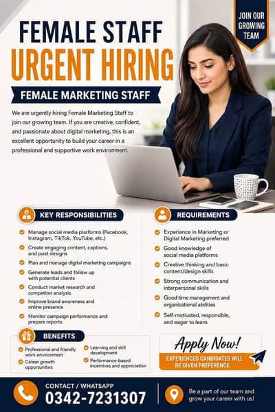 Female Marketing Staff Required || Female Jobs || Urgent Hiring