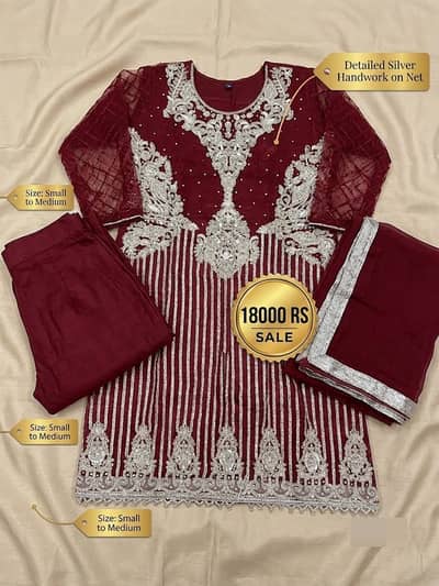 Maroon 3 Piece Embroidered Dress | Net Shirt with Silver Handwork | Pa