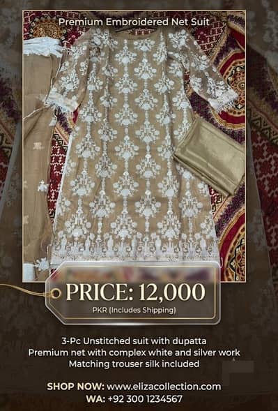 Eliza Premium Net Embroidered 3 Piece Suit | Unstitched Formal Dress