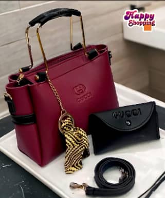 Maroon Rexine Handbag with Detachable Strap & Wallet