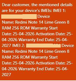 Xiaomi Redmi Note 14 warrenty 9 month