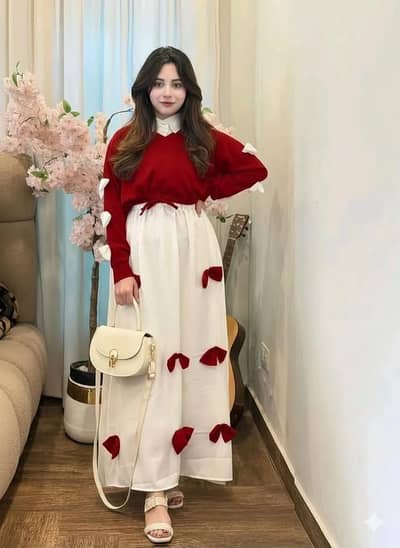 premium Georgette Top maxi set Red white Bow stitched 100 stocks