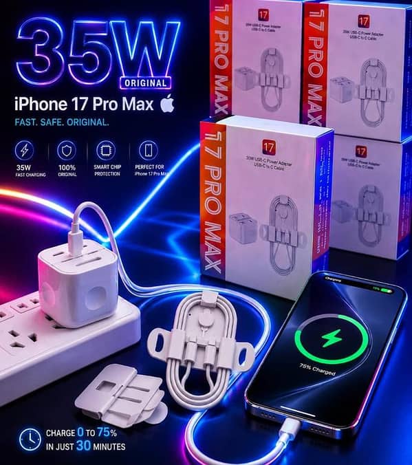 17 PRO MAX 3 PIN 35W Dual USB-C Fast Charger Kit Compatible with iPhone 17 Pro Max 16 15 Plus | Ultra-Fast Compact Power Adapter & Wrapped Type-C to C Charging Cable Set | Heavy-Duty Multi-Port Travel Wall Plug Combo