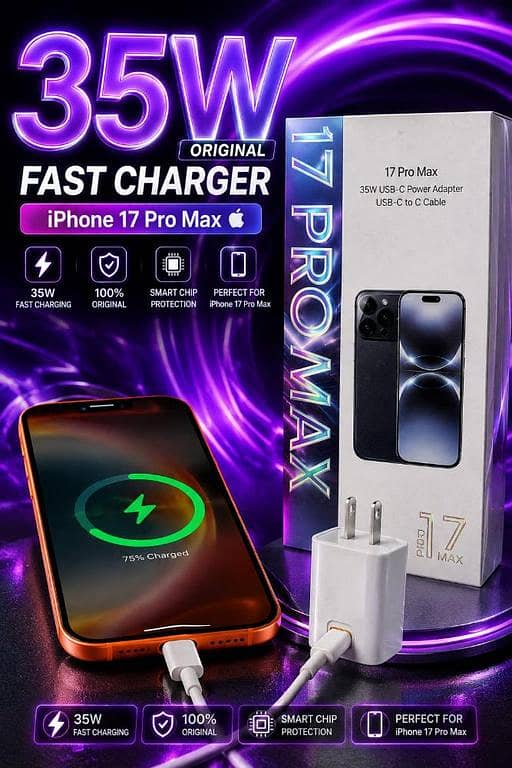 Original 35W Fast Charger For iPhone 17 Pro Max 17 Pro USB-C Power Adapter With Type C To C Cable Kit, Premium Quality PD Fast Charging Adapter, Smart Chip Protection Quick Wall Charger