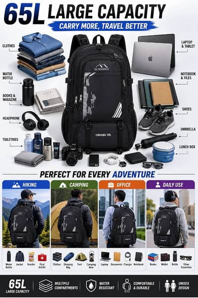65L Travel Backpack Waterproof Hiking Camping Trekking Laptop Bag Lar