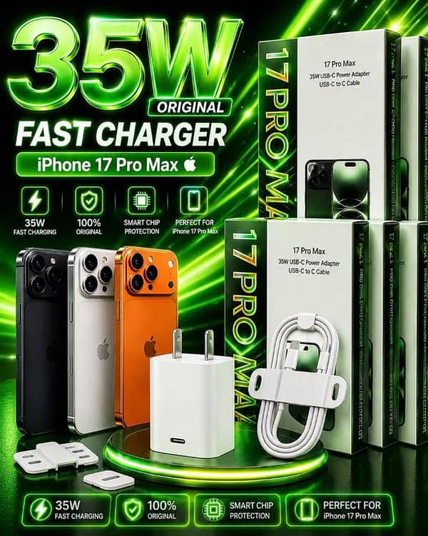 Original 35W Fast Charger For iPhone 17 Pro Max 17 Pro USB-C Power Adapter With Type C To C Cable Kit, Premium Quality PD Fast Charging Adapter, Smart Chip Protection Quick Wall Charger