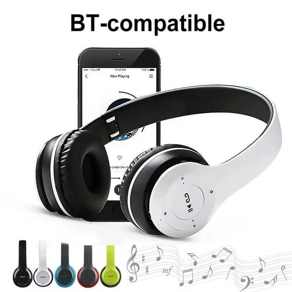 P47 Wireless Bluetooth Headphones with Mic – Foldable Over-Ear, FM/TF Support – Black