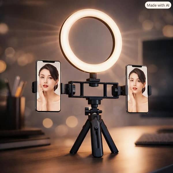 K316 Multi Position Fill Light with Dual Phone Holder | Live Broadcasting Bracket | Ring Light + Tripod | 360° Rotation | Stepless Dimming | USB Powered | For Live Streaming, Makeup & Content Creation