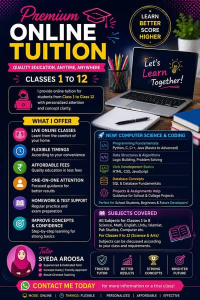 ONLINE TUITION AVAILABLE — All Subjects (School to University)