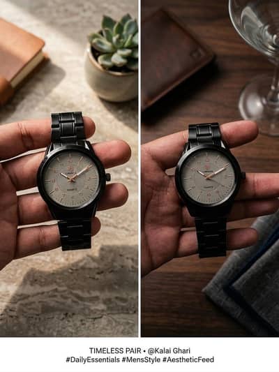 Premium Black Stainless Steel Men's Watch – Textured Dial (Moonstone)