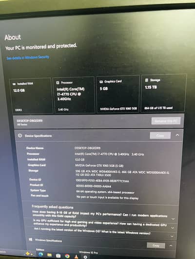 Intel i7 4770 CPU 3.40ghz + gtx1060 5gb