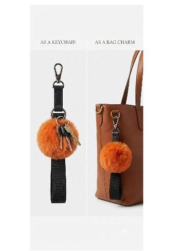 Fluffy Pom Pom Keychain & Bag Charm - Soft Faux Fur Key Ring with Black Strap and Metal Hook a r5409