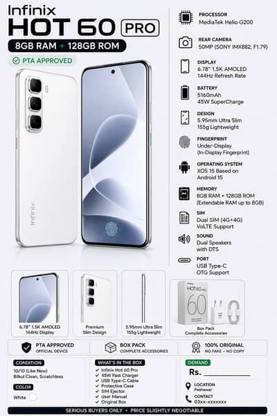 Infinix Hot 60 Pro 8GB RAM 128GB PTA Approved White