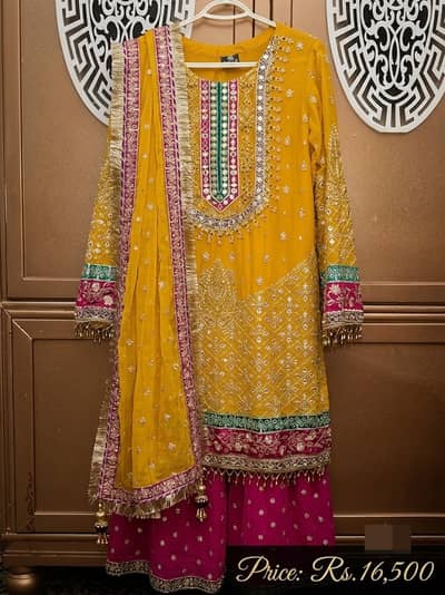 Mustard yellowish chiffon dress for bridals