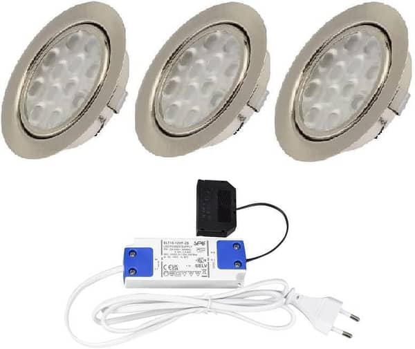 Set of 3 LED Spotlights Stainless Steel 15 mm Fl  a t 3 W Warm White 3200 K 200 lm 12 V Including 15 W LED Transformer 230 V and 1.8 m Cable per Light for Living Room, Kitchen A A851