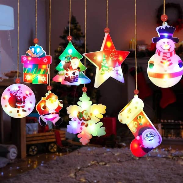 Christmas Decorations Lights, 8-Pack Battery-Operated Double-Sided Hanging Ornaments for Tree, Party, Balcony, Indoor Use