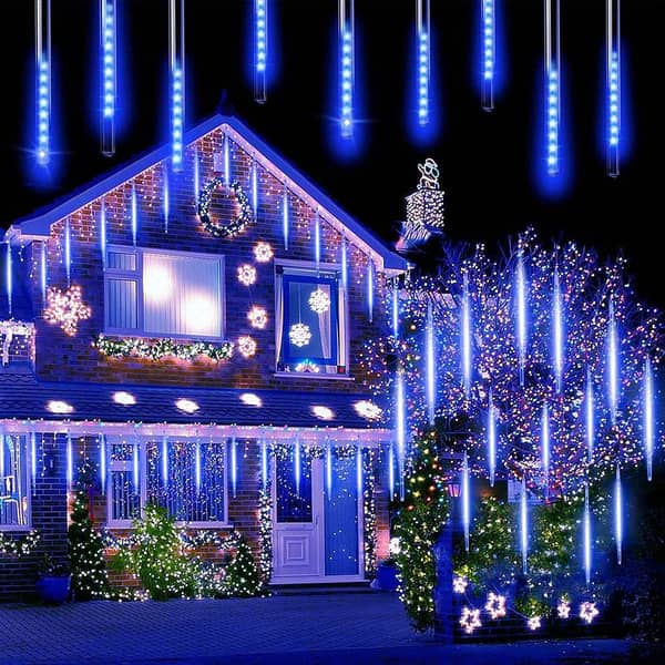 Kedoxi Icicle Fairy Lights Outdoor Meteor Shower Lights, 6.8 m, 192 LEDs, 8 Tubes, IP44 Snowfall Christmas Lighting for Balcony, Garden – Blue