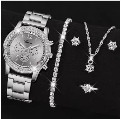 5-Piece Set: Gold Tone Watch, Ring, Necklace, and Earrings with Rhinestone Accents (C R3246)