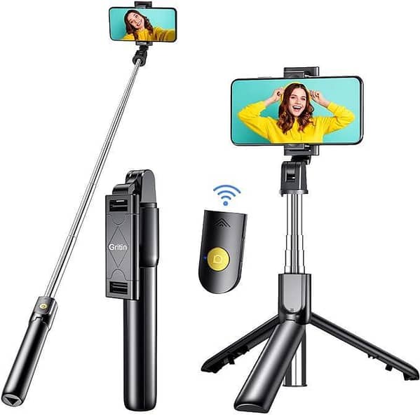 Gritin 4-in-1 Bluetooth Selfie Stick Tripod with Detachable Remote, Extendable Monopod, and Adjustable Phone Holder