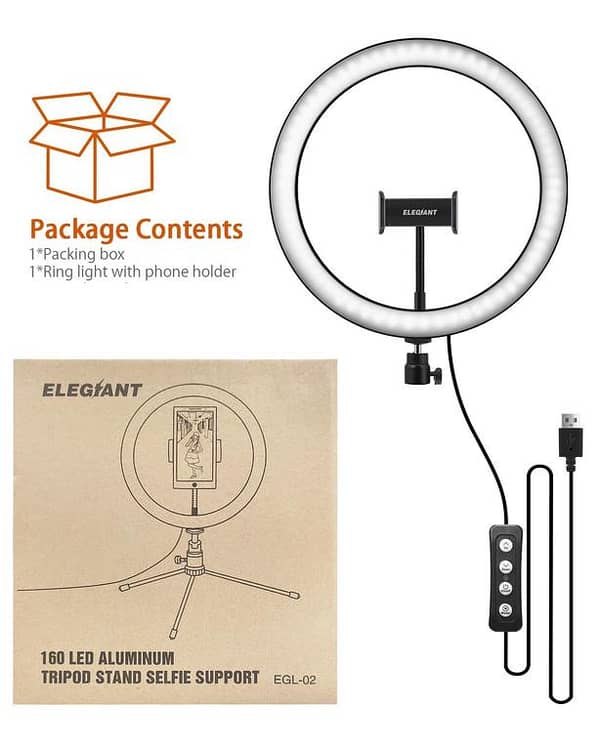 ELEGIANT EGL-02 10.2" Selfie Ring Light with 160 LEDs, Aluminum Body, 3 Color Modes and 11-Brightness Levels (Tripod Not Included)