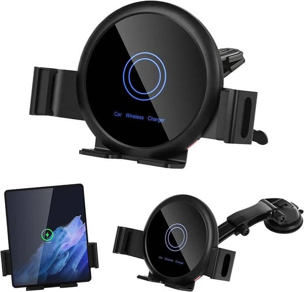 20W Qi Wireless Car Charger Mount for Samsung Galaxy Z Fold4/3/2 and Qi devices – Auto-Clamp, Two Coils, Vent/Window Mount with Heat Management