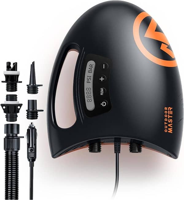OutdoorMaster 20 PSI High-Pressure SUP Air Pump Shark with Intelligent Dual-Stage Inflation, Auto-Off, Deflation, and 12V Car Connector for Inflatable Stand Up Paddle Boards and Boats