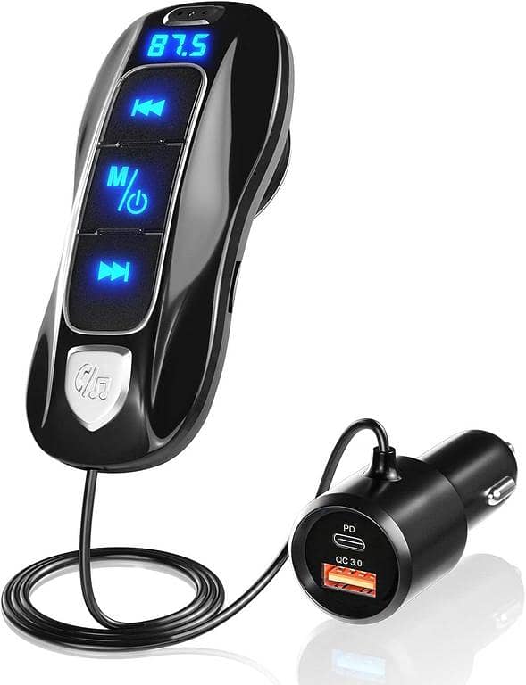 SONRU Bluetooth 5.3 FM Transmitter, Car Radio Adapter with QC3.0/PD 30W USB, A2DP Sound, 1.1m Cable, Voltage Display, TF Card Play