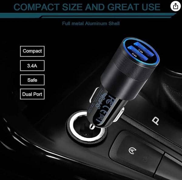 AILKIN YD-C01 Cigarette Lighter USB Charger, 2-Port Car Charger with USB-C Cable, 3.4 A Output