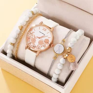 5-Piece Set: Women's Bracelet Quartz Watches for Women – Leather Strap, Rose Dial
