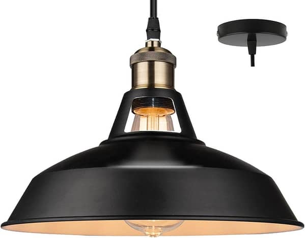 Pendant Light, Industrial Retro Pendant Lights Fixtures with E26/E27 Based, Barn Hanging Pendant Lighting for Kitchen Island Farmhouse Living Room Barn, Blcak Metal Vintage Style A-AS200