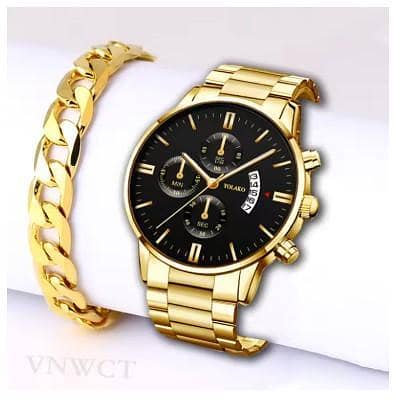 Luxury Men’s Steel Golden Watch with Calendar — Quartz Wristwatch with Chain Bracelet