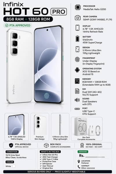 Infinix Hot 60 Pro 8GB RAM 128GB PTA Approved White