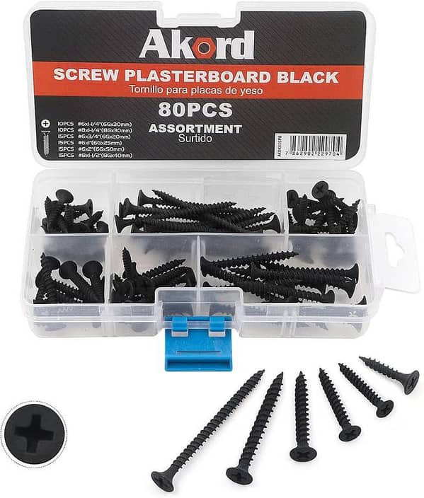 AKORD Plasterboard Screw Assortment Kit 80PCS, 6 and #8 Fine Thread Drywall Screws, Black Bugle Head, Phillips Drive, Needle Point (UK Import)