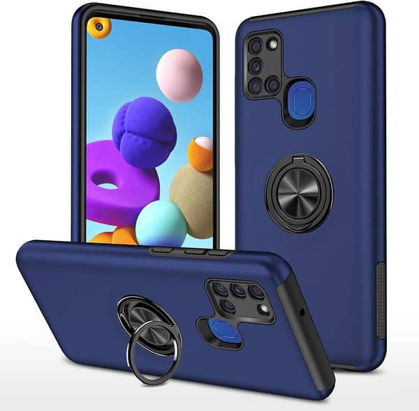 Compatible with Samsung Galaxy A21S Case – Ultra Slim Military-Grade Shockproof PC Case with 360° Kickstand and In-Vehicle Function (Blue)