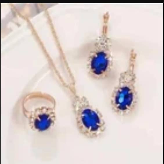 Women’s Fashion Jewelry Set with Blue Stones: Necklace, Earrings, and Ring (Model C R4574)