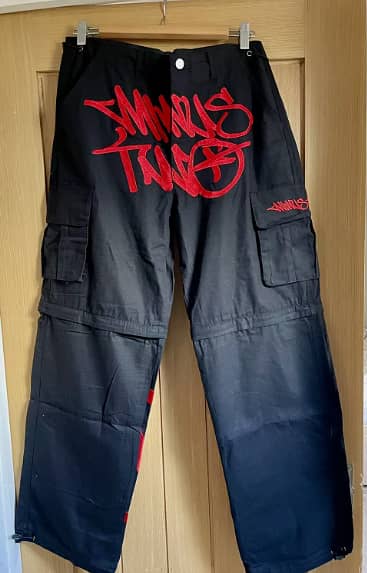 Minus Two Cargo Pants - Brand New, Size Medium, Black with Red Logo, Includes Proof of Purchase