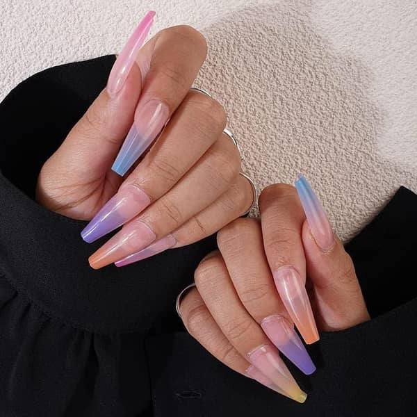 Xerling 24Pcs Long-Press On Nails Gradient Rainbow Coffin Ballerina Full Cover False Nails with Designs (Type A) A R1942