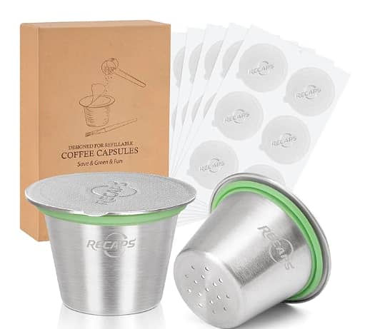 RECAPS Stainless Steel Refillable Coffee Pods with Seals — Compatible with Nespresso Original Line (2 Pods + 120 Seals) C C30