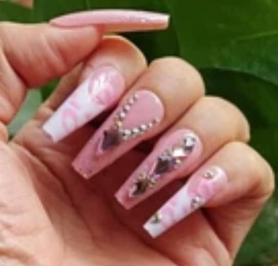 24pcs Long Coffin French Tip Nails with Pink Jeweled Design - C R4759