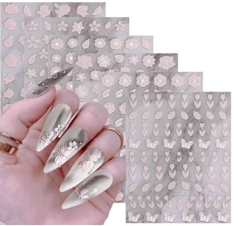 Vezocim Silver Glitter Flower Nail Art Stickers — 6 Sheets Self-Adhesive 3D Winter Floral Decals for Manicure