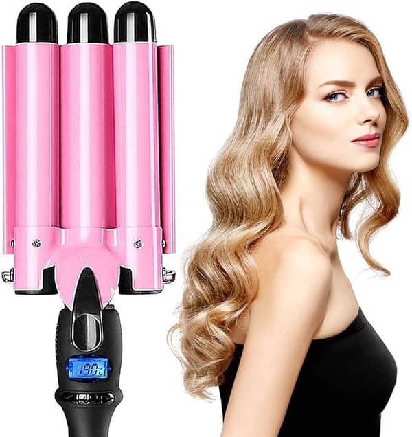 3-Barrel Curling Iron Wand Hair Crimper with Dual Voltage, 1 Inch Waver Iron, LCD Temperature Display, Ceramic Tourmaline — UK Import A938